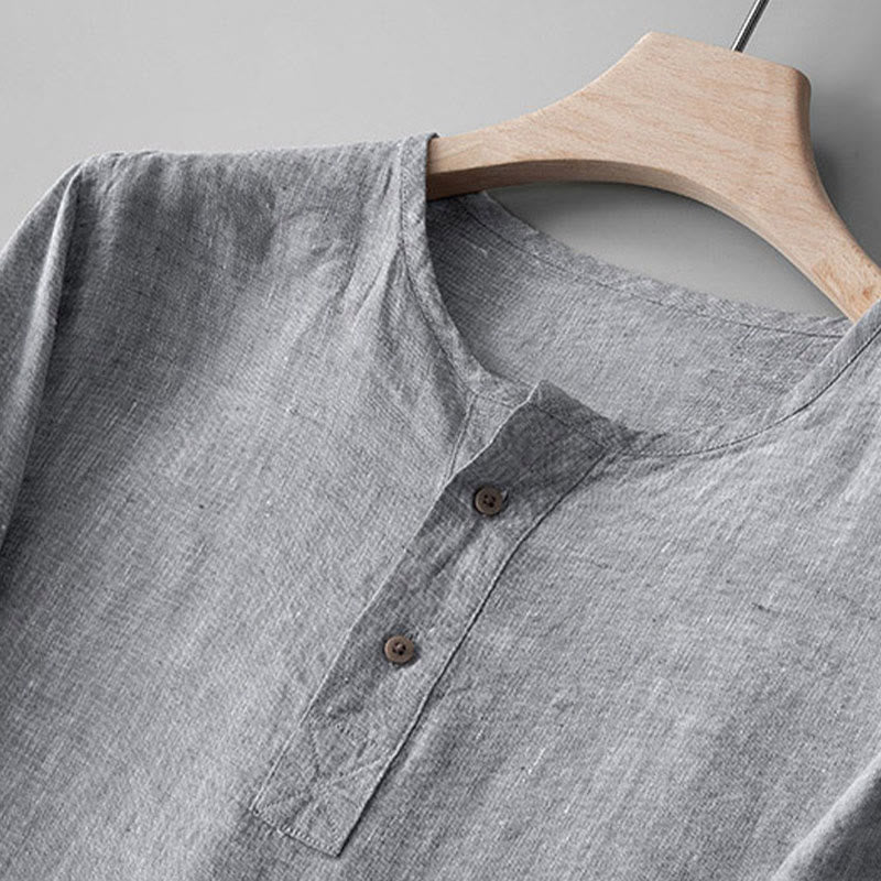 Camisa de lino con botones y manga larga de color liso con Buddha Stones para hombre - image 6