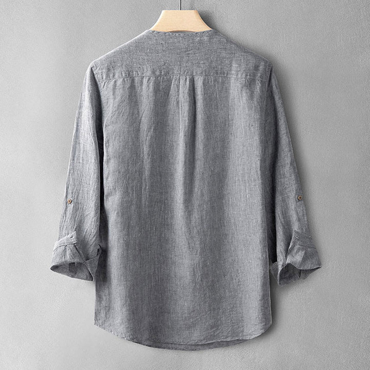 Camisa de lino con botones y manga larga de color liso con Buddha Stones para hombre - image 13