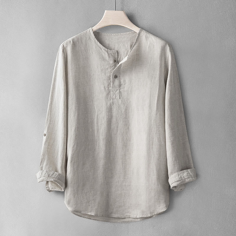 Camisa de lino con botones y manga larga de color liso con Buddha Stones para hombre - Gainsboro - US/UK/AU42, EU52 (3XL) - image 0