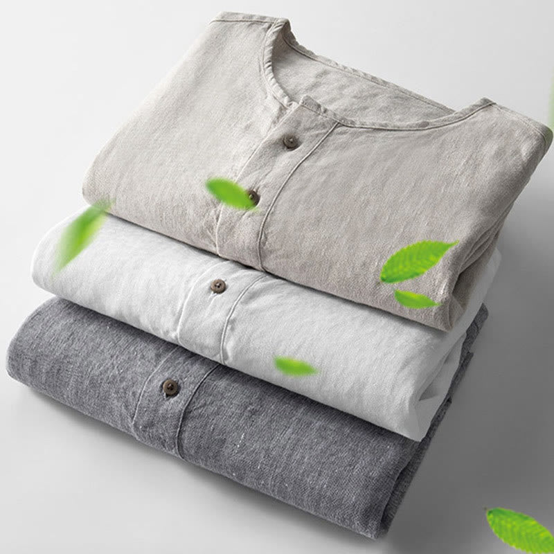 Camisa de lino con botones y manga larga de color liso con Buddha Stones para hombre - image 4