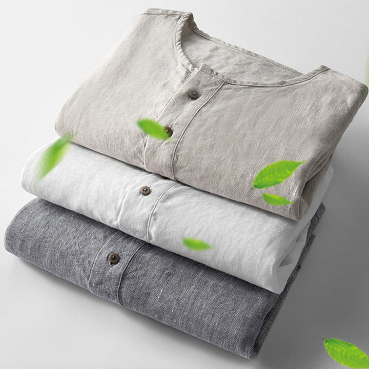 Camisa de lino con botones y manga larga de color liso con Buddha Stones para hombre - image 4