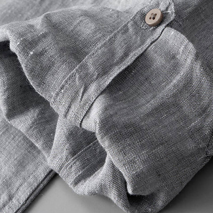 Camisa de lino con botones y manga larga de color liso con Buddha Stones para hombre - image 9