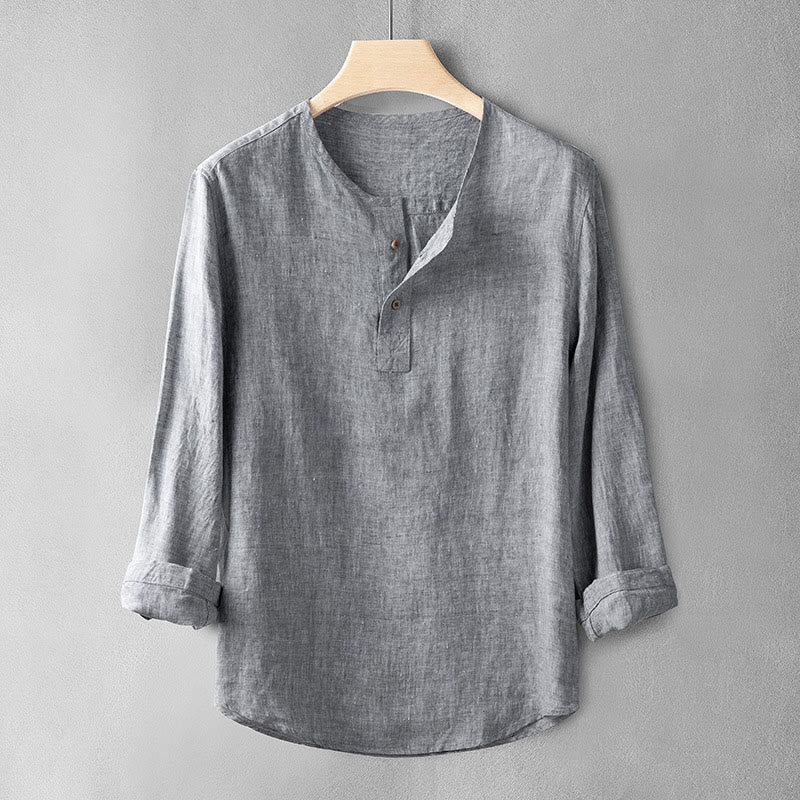 Camisa de lino con botones y manga larga de color liso con Buddha Stones para hombre - Gris oscuro - US/UK/AU42, EU52 (3XL) - image 2