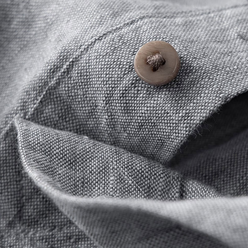 Camisa de lino con botones y manga larga de color liso con Buddha Stones para hombre - image 7