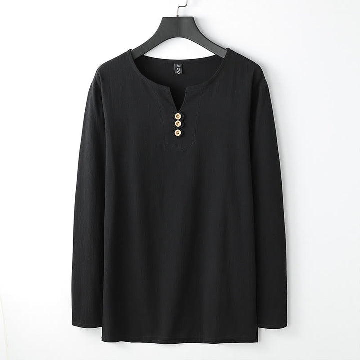 Camisa de lino y algodón con botones y manga larga de color liso con Buddha Stones para hombre - Negro - US/UK/AU54, EU64 (9XL) - image 3