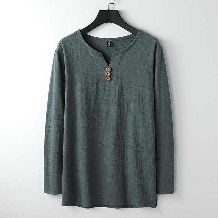 Camisa de lino y algodón con botones y manga larga de color liso con Buddha Stones para hombre - Cadete Azul - US/UK/AU54, EU64 (9XL) - image 2