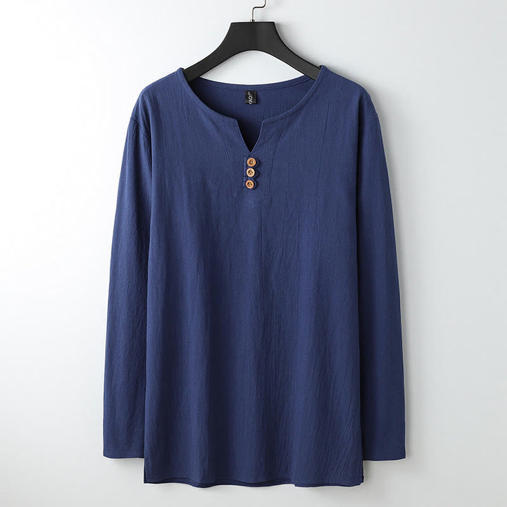 Camisa de lino y algodón con botones y manga larga de color liso con Buddha Stones para hombre - Marina de guerra - US/UK/AU54, EU64 (9XL) - image 0