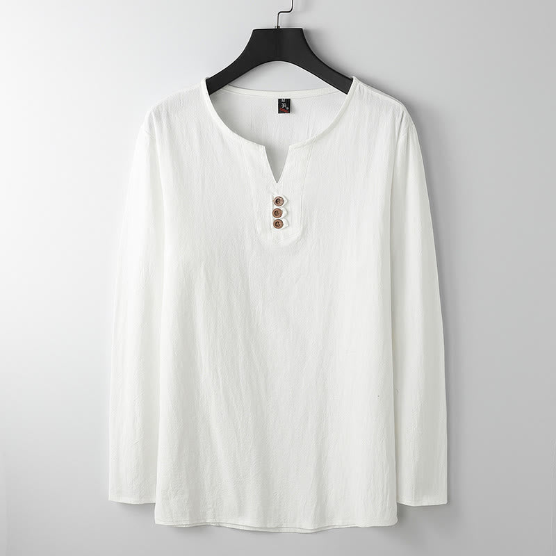 Camisa de lino y algodón con botones y manga larga de color liso con Buddha Stones para hombre - Blanco - US/UK/AU54, EU64 (9XL) - image 1