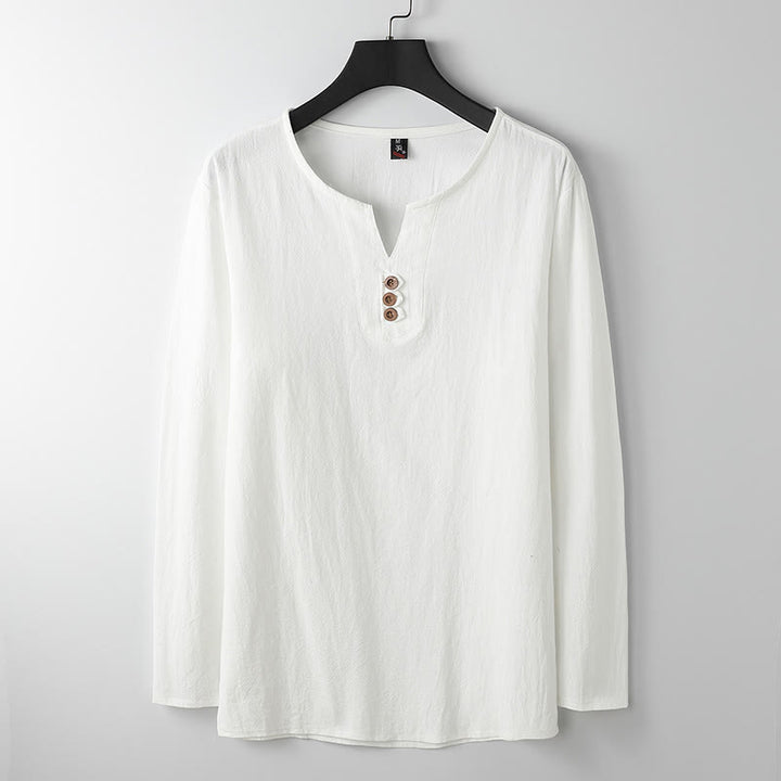 Camisa de lino y algodón con botones y manga larga de color liso con Buddha Stones para hombre - Blanco - US/UK/AU54, EU64 (9XL) - image 1