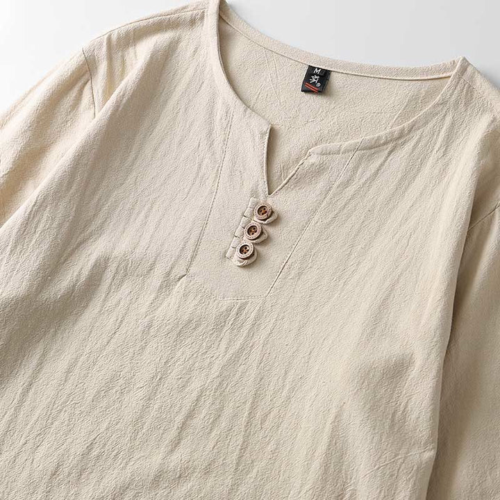 Camisa de lino y algodón con botones y manga larga de color liso con Buddha Stones para hombre - image 6