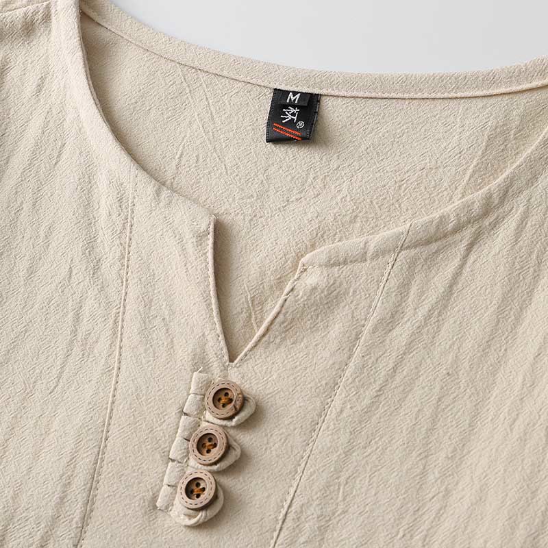 Camisa de lino y algodón con botones y manga larga de color liso con Buddha Stones para hombre - image 5