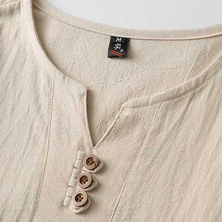 Camisa de lino y algodón con botones y manga larga de color liso con Buddha Stones para hombre - image 5