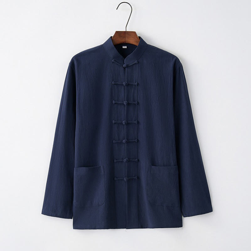 Camisa de manga larga con Buddha Stones Tang, ropa de algodón para hombre - Azul medianoche - US/UK/AU44, EU54 (4XL) - image 4