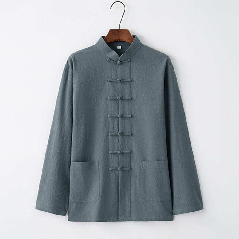 Camisa de manga larga con Buddha Stones Tang, ropa de algodón para hombre - Azul acero claro - US/UK/AU44, EU54 (4XL) - image 3