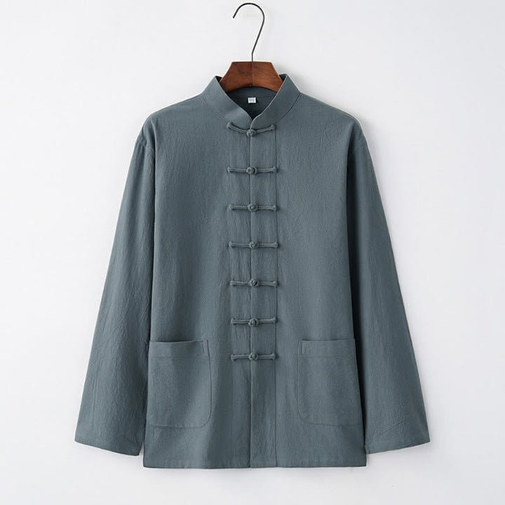 Camisa de manga larga con Buddha Stones Tang, ropa de algodón para hombre - Azul acero claro - US/UK/AU44, EU54 (4XL) - image 3