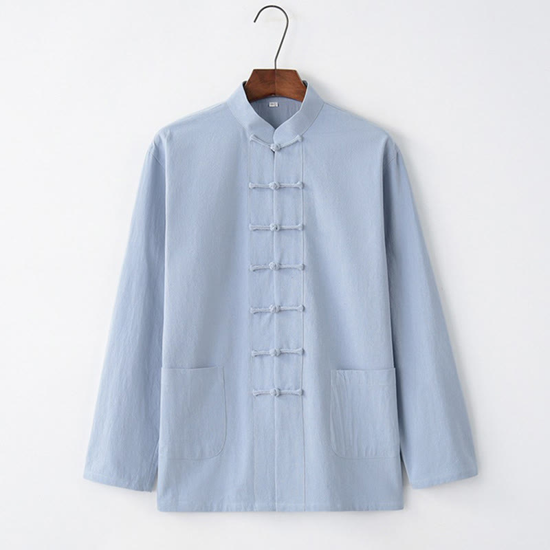 Camisa de manga larga con Buddha Stones Tang, ropa de algodón para hombre - Azul celeste claro - US/UK/AU44, EU54 (4XL) - image 6