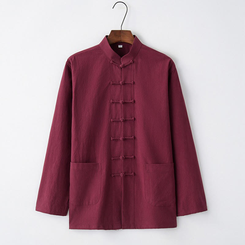 Camisa de manga larga con Buddha Stones Tang, ropa de algodón para hombre - Carmesí - US/UK/AU44, EU54 (4XL) - image 5