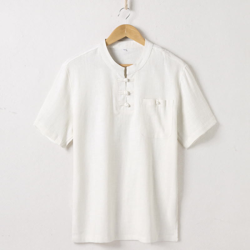 Camisa holgada de hombre con Buddha Stones , color liso, cuello con muescas, manga corta, cómoda, con botones, transpirable, de algodón y lino - Beige - US/UK/AU46, EU56 (5XL)  - image 2