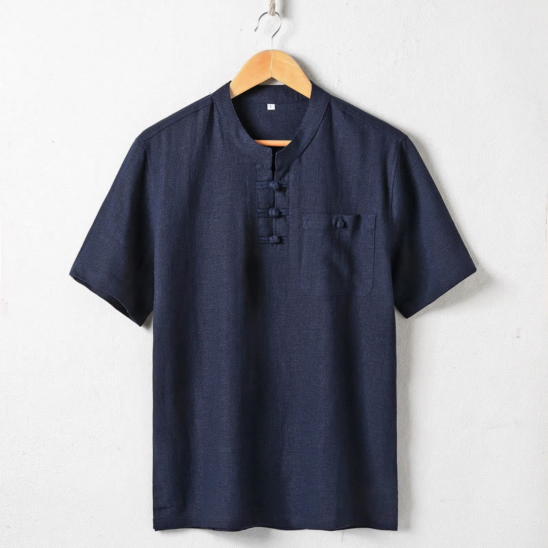Camisa holgada de hombre con Buddha Stones , color liso, cuello con muescas, manga corta, cómoda, con botones, transpirable, de algodón y lino - Azul medianoche - US/UK/AU46, EU56 (5XL)  - image 2