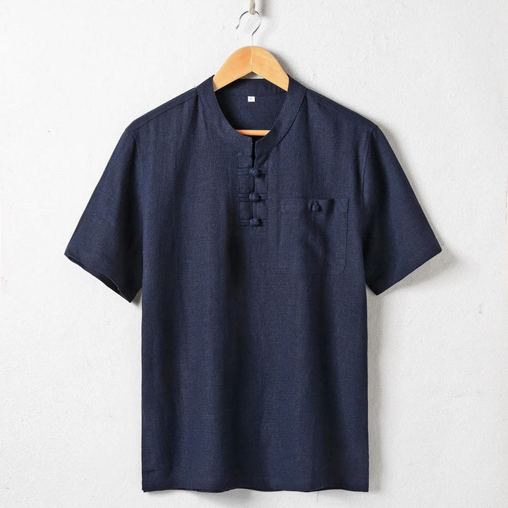 Camisa holgada de hombre con Buddha Stones , color liso, cuello con muescas, manga corta, cómoda, con botones, transpirable, de algodón y lino - Azul medianoche - US/UK/AU46, EU56 (5XL)  - image 2