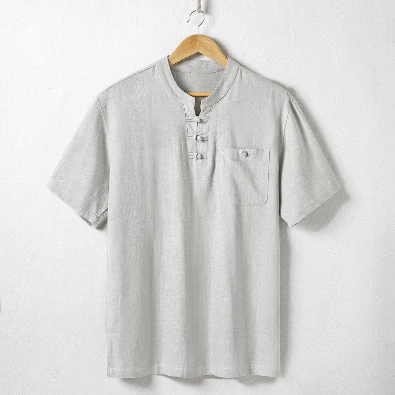 Camisa holgada de hombre con Buddha Stones , color liso, cuello con muescas, manga corta, cómoda, con botones, transpirable, de algodón y lino - Gainsboro - US/UK/AU46, EU56 (5XL)  - image 4