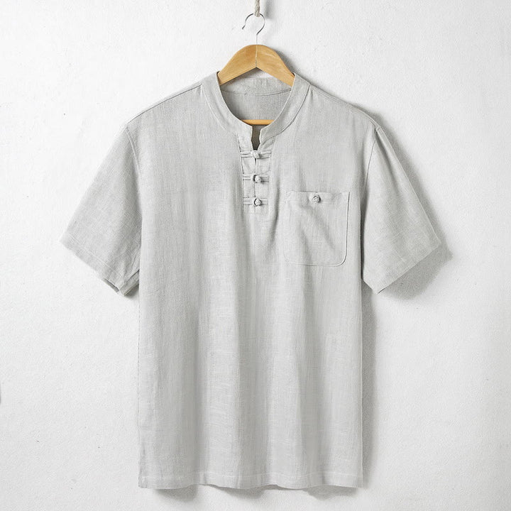 Camisa holgada de hombre con Buddha Stones , color liso, cuello con muescas, manga corta, cómoda, con botones, transpirable, de algodón y lino - Gainsboro - US/UK/AU46, EU56 (5XL)  - image 4