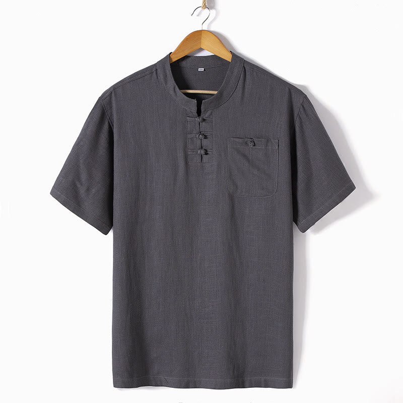 Camisa holgada de hombre con Buddha Stones , color liso, cuello con muescas, manga corta, cómoda, con botones, transpirable, de algodón y lino - Gris oscuro - US/UK/AU46, EU56 (5XL)  - image 3