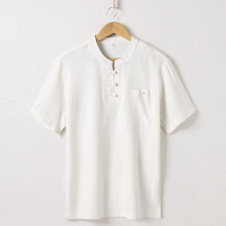 Camisa holgada de hombre con Buddha Stones , color liso, cuello con muescas, manga corta, cómoda, con botones, transpirable, de algodón y lino - Beige - US/UK/AU46, EU56 (5XL)  - image 1