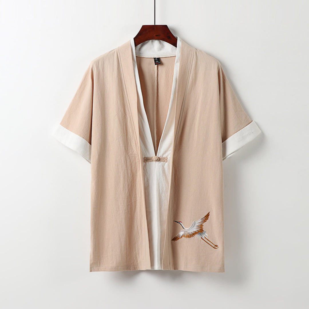 Kimono Hanfu de algodón cómodo de dos piezas para hombre con bordado de manga corta y Buddha Stones falsas - PeachPuff - US/UK/AU54, EU64 (9XL) - image 12