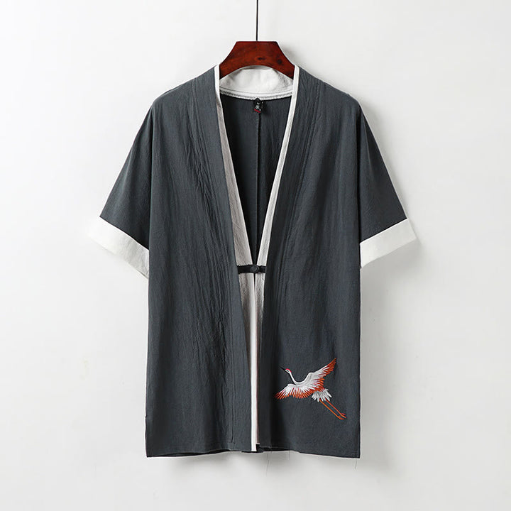 Camisa cómoda de algodón Hanfu con bordado de Buddha Stones de dos piezas para hombre, de media manga y falso cárdigan - Gris - US/UK/AU54, EU64 (9XL) - image 11