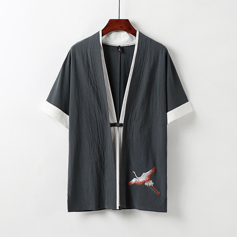 Camisa cómoda de algodón Hanfu con bordado de Buddha Stones de dos piezas para hombre, de media manga y falso cárdigan - Gris - US/UK/AU54, EU64 (9XL) - image 11