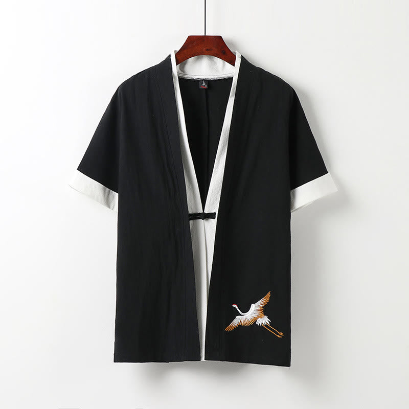 Kimono Hanfu de algodón cómodo de dos piezas para hombre con bordado de manga corta y Buddha Stones falsas - Negro - US/UK/AU54, EU64 (9XL) - image 1