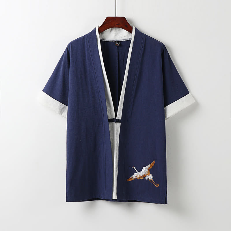 Kimono Hanfu de algodón cómodo de dos piezas para hombre con bordado de manga corta y Buddha Stones falsas - Azul oscuro - US/UK/AU54, EU64 (9XL) - image 2