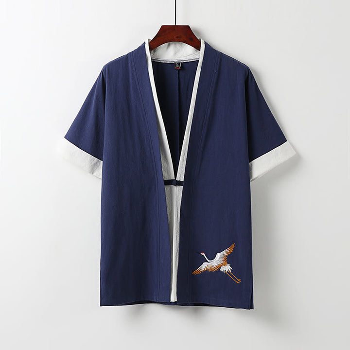 Camisa cómoda de algodón Hanfu con bordado de Buddha Stones de dos piezas para hombre, de media manga y falso cárdigan - Azul oscuro - US/UK/AU54, EU64 (9XL) - image 2
