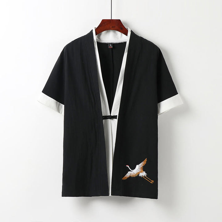 Camisa cómoda de algodón Hanfu con bordado de Buddha Stones de dos piezas para hombre, de media manga y falso cárdigan - Negro - US/UK/AU54, EU64 (9XL) - image 1