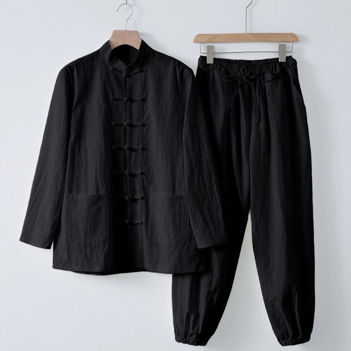 Camisa de manga larga con botones de Buddha Stones para meditación, pantalones, traje para hombre - Camisa negra y pantalón negro - US/UK/AU44, EU54 (4XL) - image 17