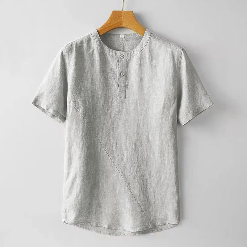 Buddha Stones Camisa de lino y algodón de manga corta con botones de color sólido de verano para hombre - Humo blanco - US/UK/AU48, UE58 (4XL) - image 7