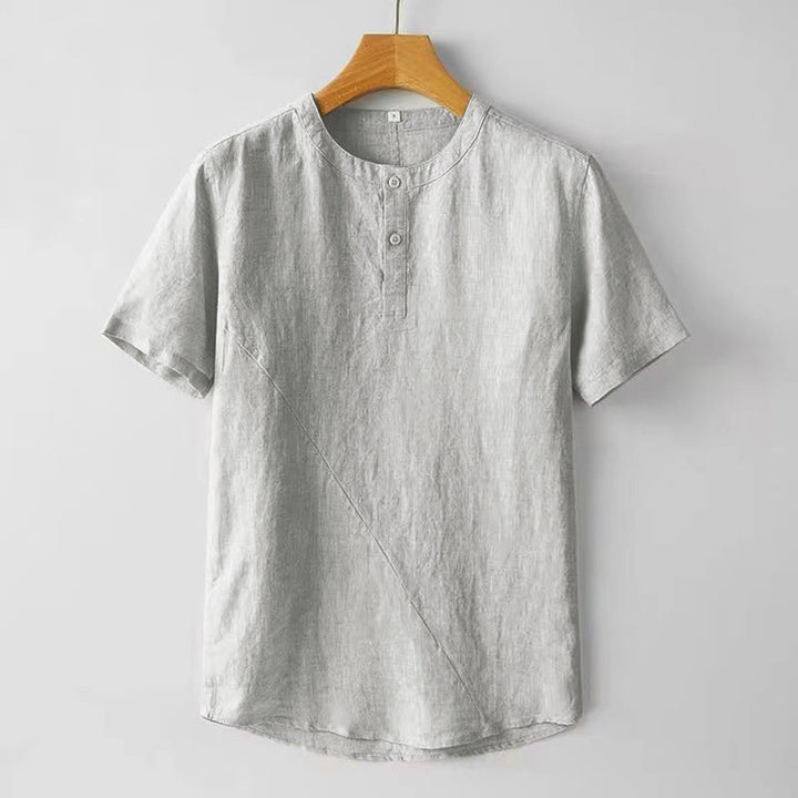 Buddha Stones Camisa de lino y algodón de manga corta con botones de color sólido de verano para hombre - Humo blanco - US/UK/AU48, UE58 (4XL) - image 7