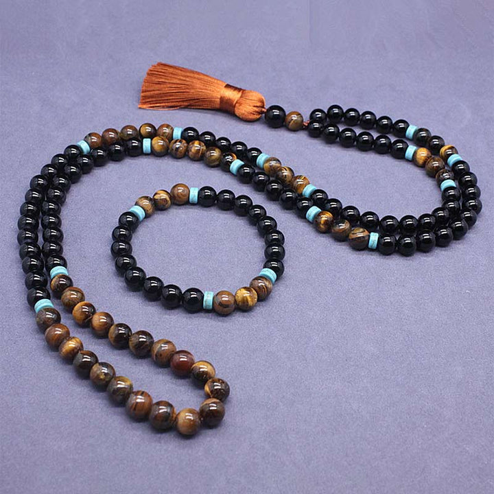 Juego de mala pacífica de ónix negro tibetano con Buddha Stones