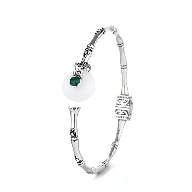 Brazalete de cobre con diseño de bambú y hebilla de paz de jade blanco y Buddha Stones