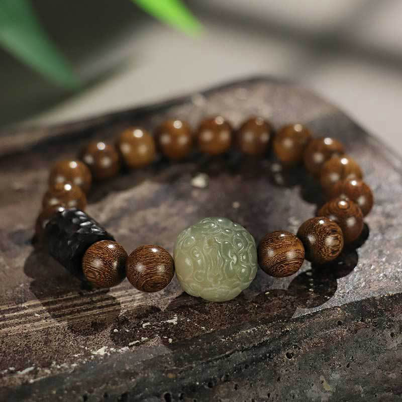 Pulsera curativa con Buddha Stones de madera de ébano, semillas de Bodhi, sándalo y PiXiu