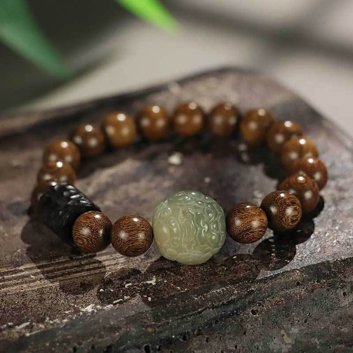Pulsera curativa con Buddha Stones de madera de ébano, semillas de Bodhi, sándalo y PiXiu