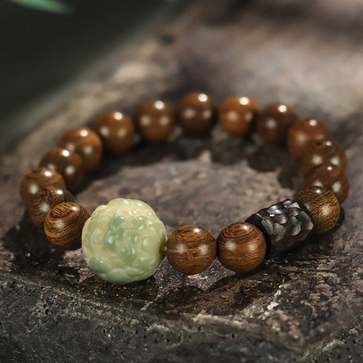 Pulsera curativa con Buddha Stones de madera de ébano, semillas de Bodhi, sándalo y PiXiu