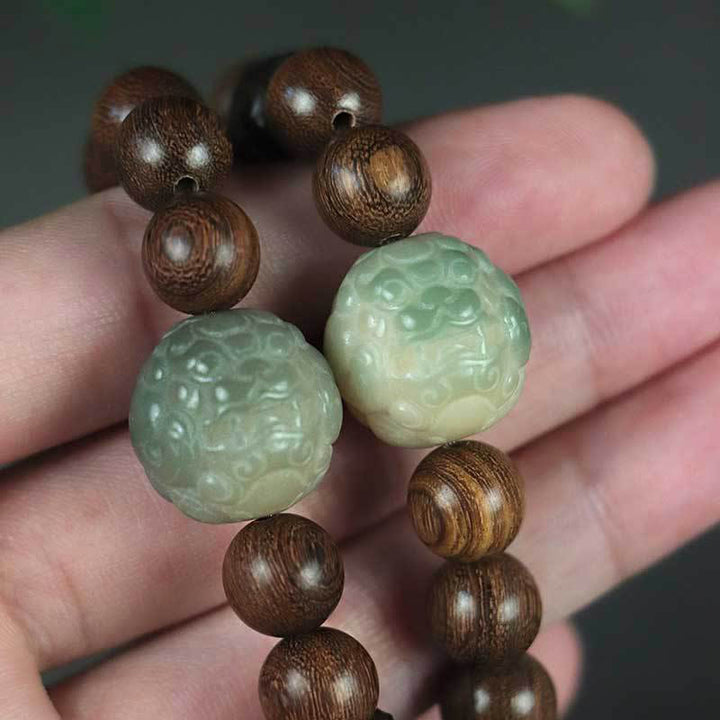 Pulsera curativa con Buddha Stones de madera de ébano, semillas de Bodhi, sándalo y PiXiu