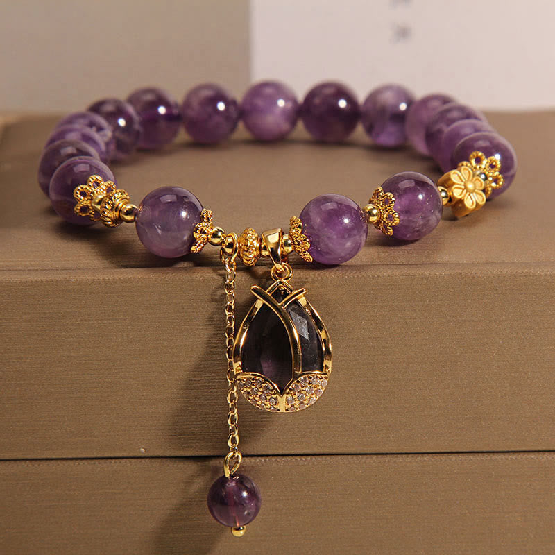 Buddha Stones Pulsera curativa con dije de lirio y amatista - Amatista (circunferencia de la muñeca: 14-17 cm) - image 0