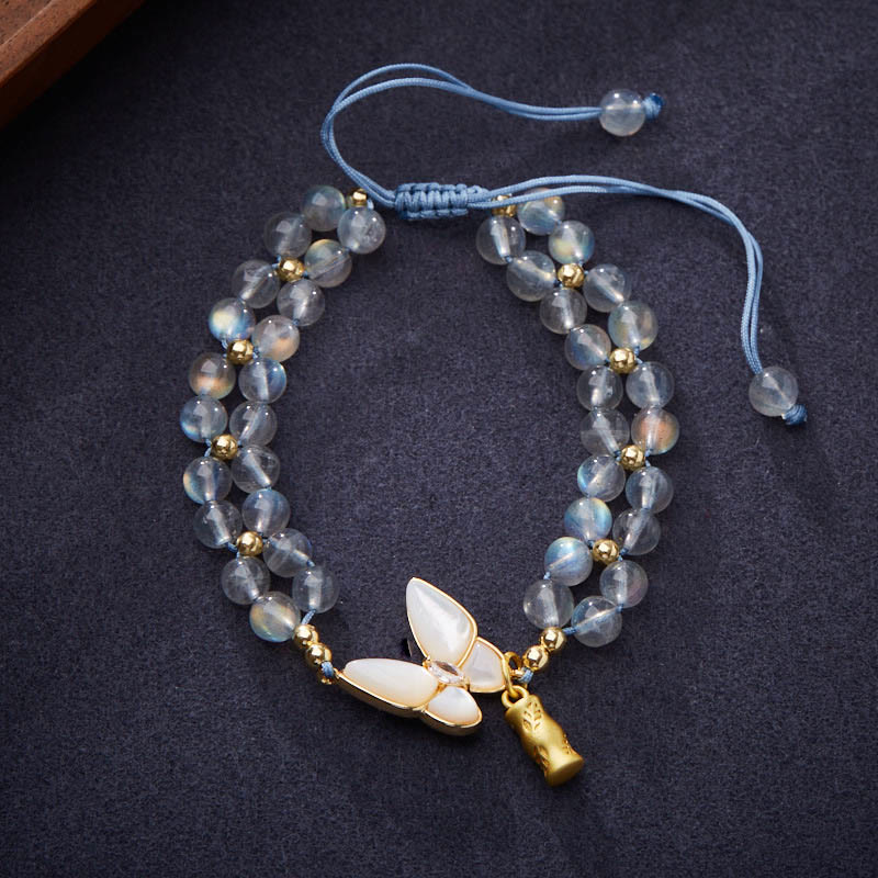 Buddha Stones Pulsera de bambú curativa con mariposas y piedra lunar natural - Piedra lunar (circunferencia de la muñeca: 14-21 cm) - image 0