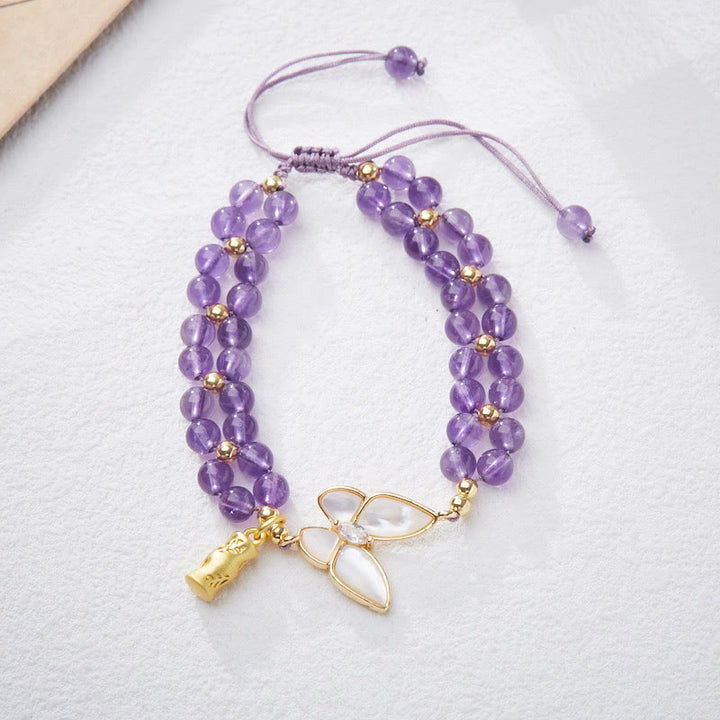 Buddha Stones Pulsera curativa de bambú con mariposa, amatista, aguamarina y piedra lunar natural - Amatista (circunferencia de la muñeca: aproximadamente 14-16 cm) - image 9