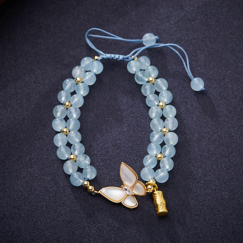 Buddha Stones Pulsera curativa de bambú con mariposa, amatista, aguamarina y piedra lunar natural - Aguamarina (circunferencia de la muñeca: aproximadamente 14-16 cm) - image 0