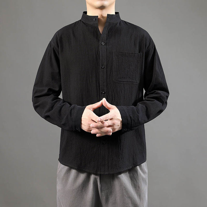 Camisa de lino cómoda de manga larga con cuello alto y bolsillo para hombre Buddha Stones - image 17