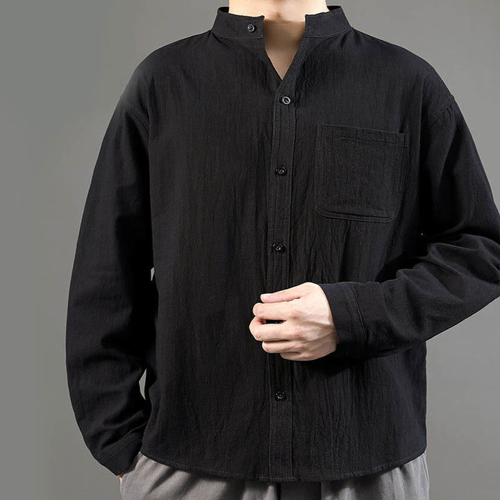 Camisa de lino cómoda de manga larga con cuello alto y bolsillo para hombre Buddha Stones - image 19